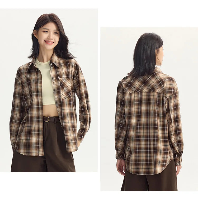 Oversized Drop Shoulder Plaid Shirt Loose Retro Casual Stylish Top