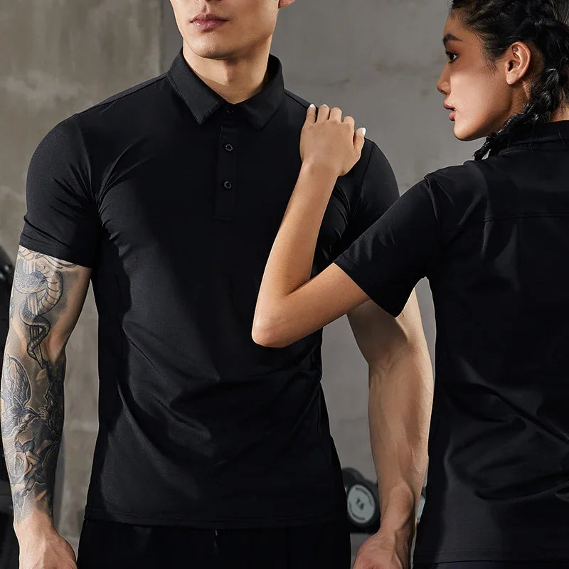 Men's Summer Casual Stretch Gym Muscle Fit Shirt Sports  Quick Dry Ice Silk Short Sleeve Golf Polo Lapel T-Shirt