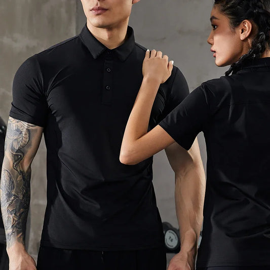 Men's Summer Casual Stretch Gym Muscle Fit Shirt Sports  Quick Dry Ice Silk Short Sleeve Golf Polo Lapel T-Shirt