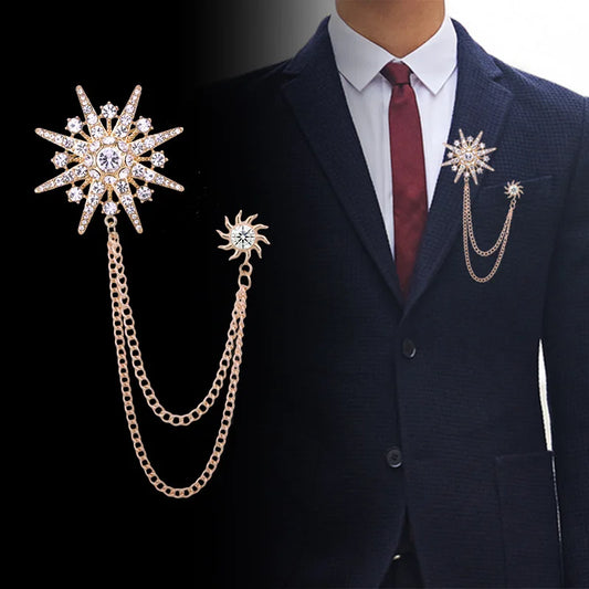 Men's Tassel Chain Star Brooch Crystal Rhinestone Lapel Pins Suit Shirt Collar Badge Fashion Jewellery Brooch