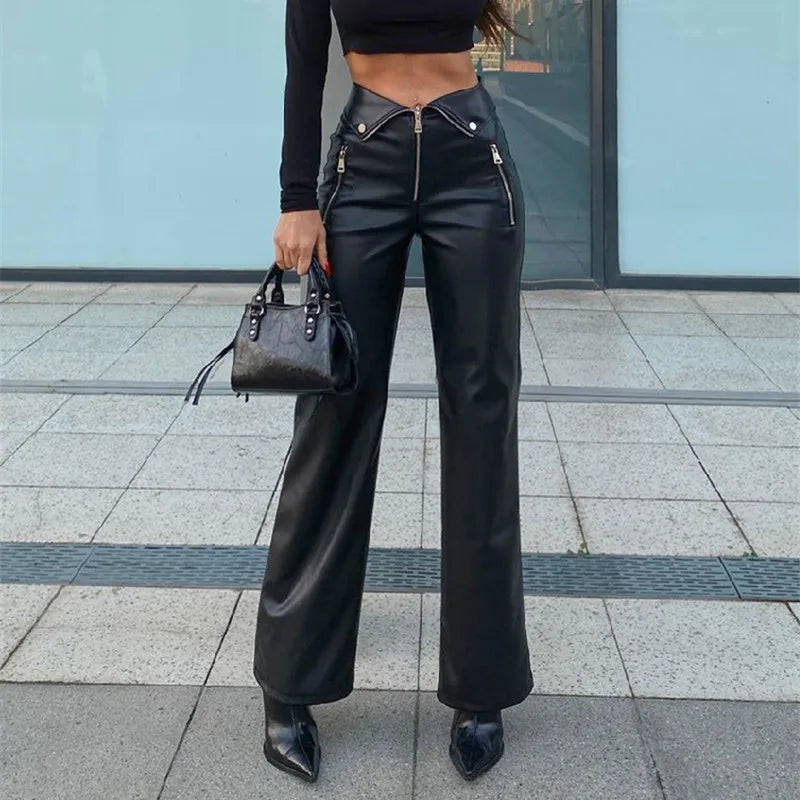 Women's PU Leather Zip Up High Rise Chic Straight Leg Trousers