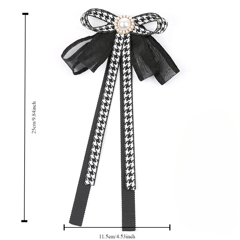 Houndstooth Ribbon Bow Brooch with Pearl