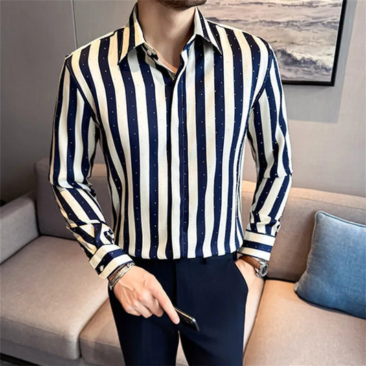 Men's Striped Square Collar Long Sleeve Shirt