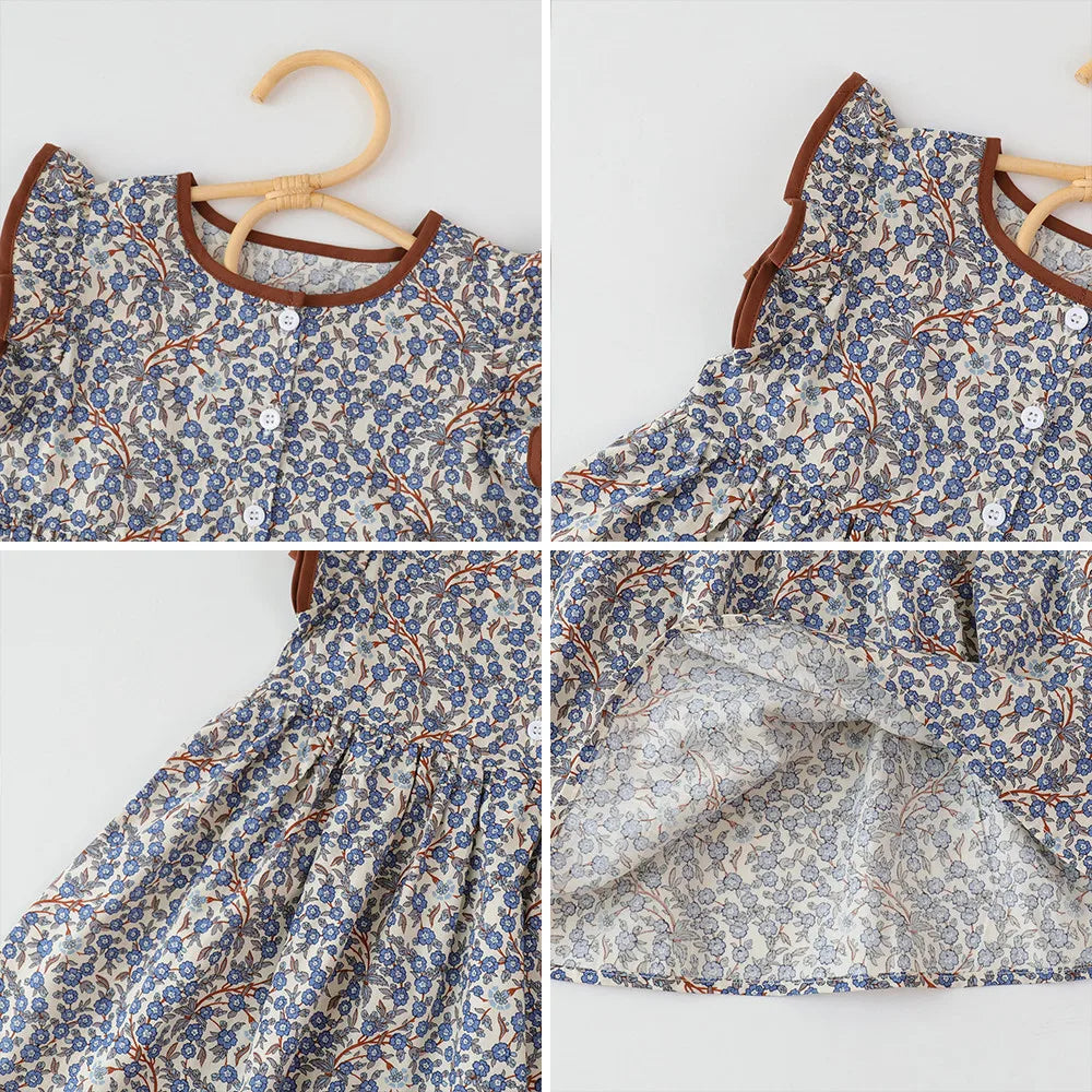 Girls Floral Princess Dress – Summer Sleeveless A-Line with Button Detail