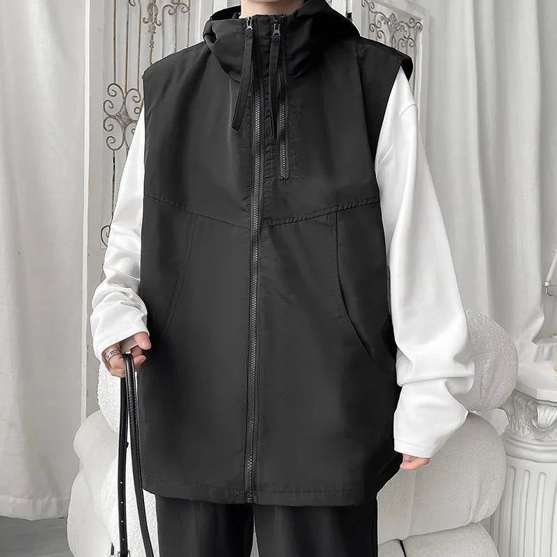 Hooded Cargo Vest - Multi-Pocket Sleeveless Jacket
