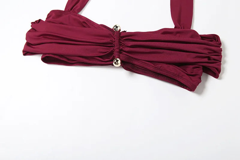 Women's Elegant Ruched Cut Out 2 Piece Dress Set - Halter Top & Maxi Skirt