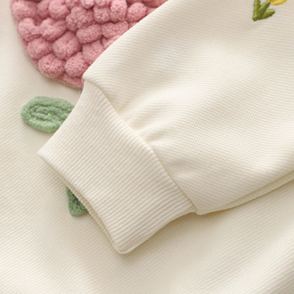 Girl's Clothing Autumn Long Sleeved Round Neck Top and Jeans 2-piece Three-dimensional Flower Spring Outfit Set