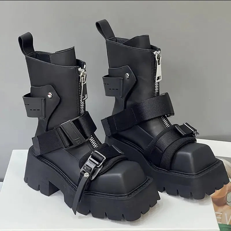 Women's Ankle Thick Sole Zipper Belt Buckle Platform Boots