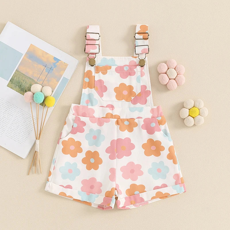 Kids Girls Overalls Shorts 0-6Y Sleeveless Straps Strawberry/Flower Print Denim Button Pocket Jumpsuit