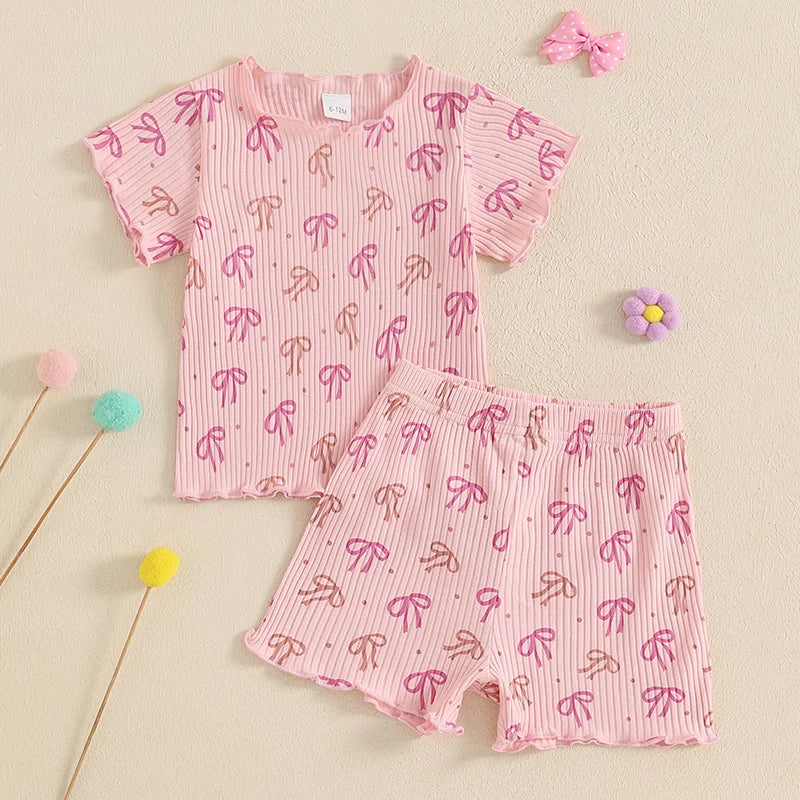 1-5Y Kids Girls Clothes Sets Bow Print Lettuce Trim Short Sleeve T-shirt Elastic Waist Shorts