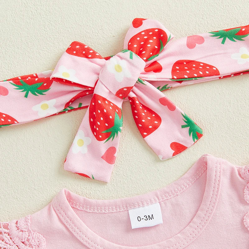 0-18M Baby Girls Summer Clothes Sets Flying Sleeves Letter Fruit Print Romper Tiered Ruffled Shorts with Headband