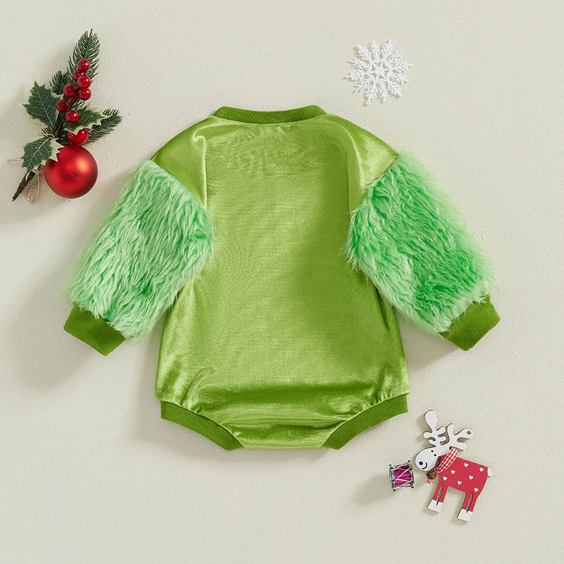 0-18M Baby Boys Girls Christmas Fleece Romper Letter Print Fur Patchwork Long Sleeve Plush Jumpsuits