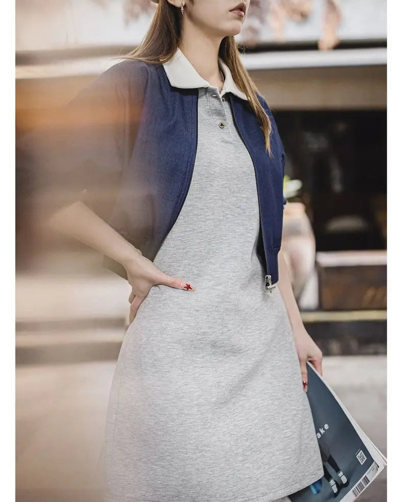 Women's Color-Block Polo Dress - Preppy Tennis Style with Adjustable Waist Short Sleeve Summer Dress