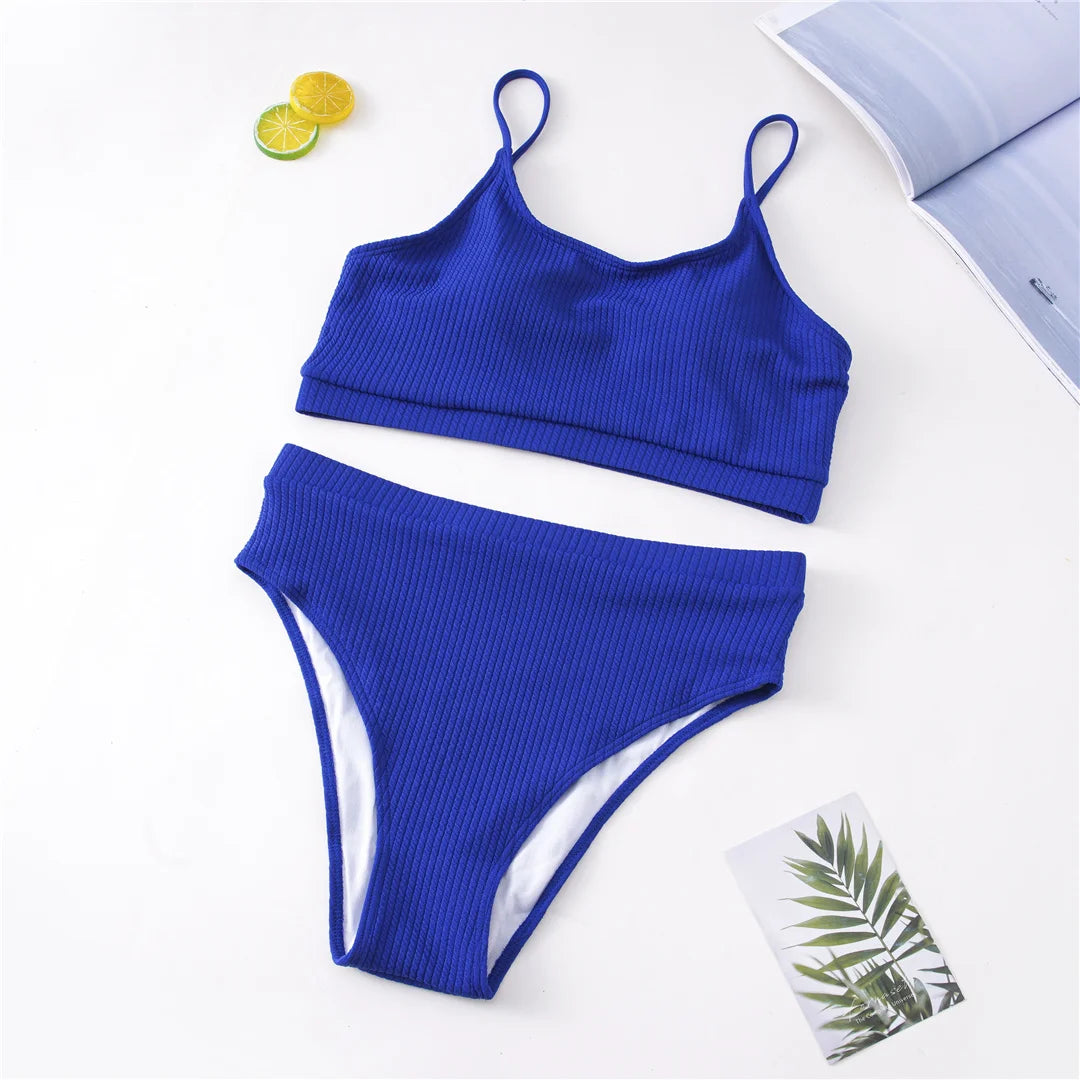 Ribbed Bikini Set - High Waist Two Piece Swimsuit