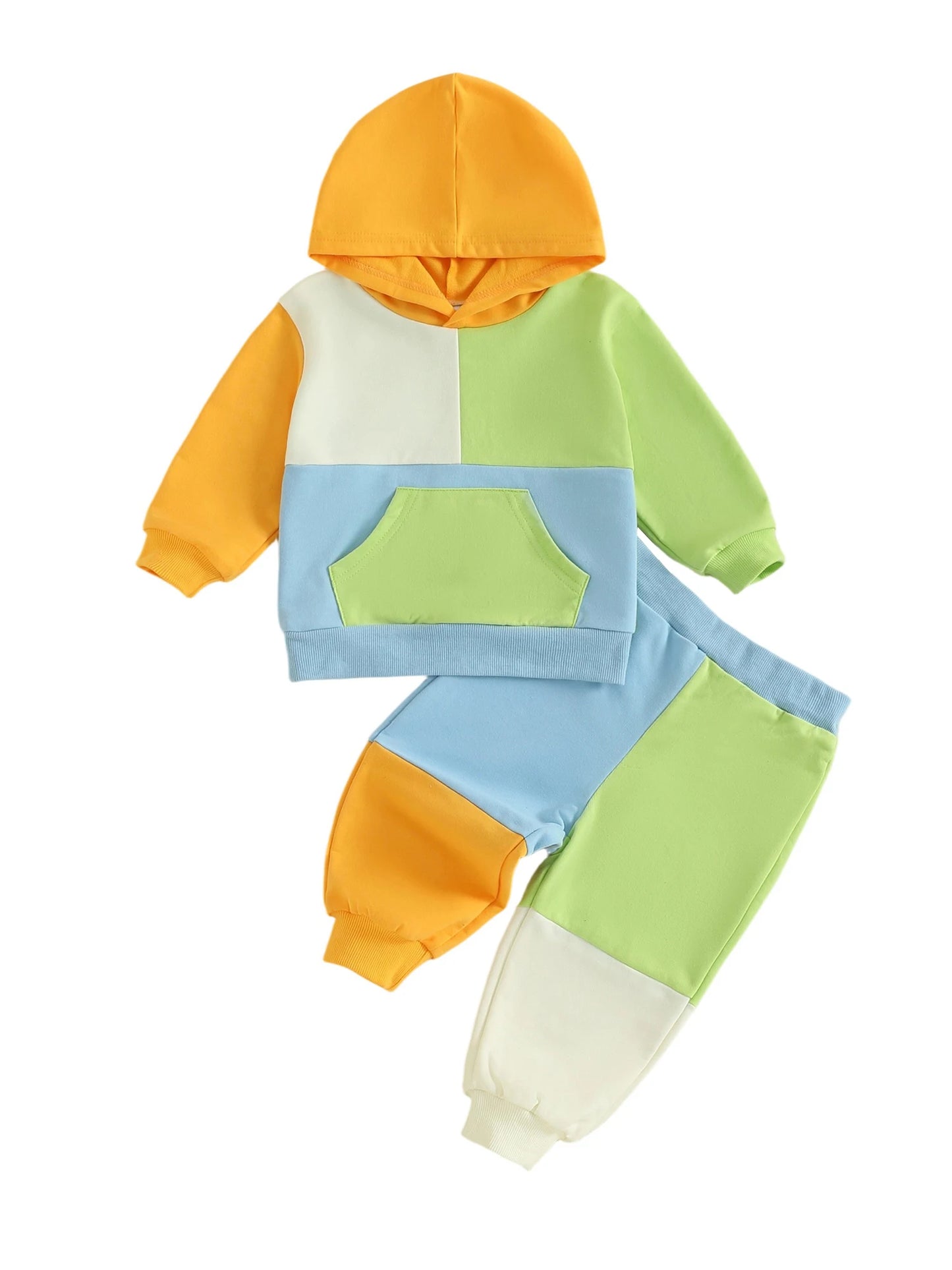 Kids Patchwork Hoodie and Pants Set - Casual Long Sleeve 2-Piece Outfit for Autumn Winter