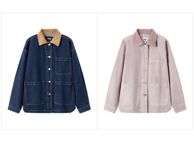 Corduroy Denim Jacket - Women's Turn Collar Loose Casual Coat