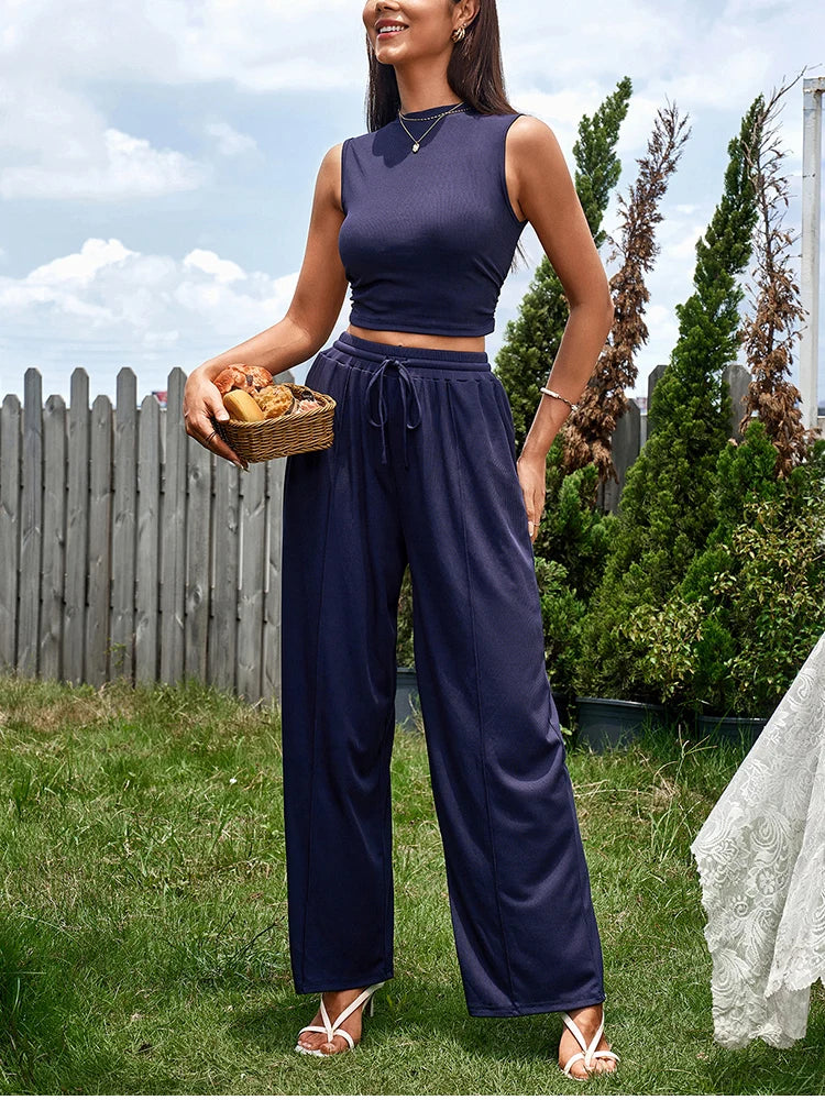 Women's Two-Piece Set - Sleeveless Top & Wide Leg Pants with Pockets
