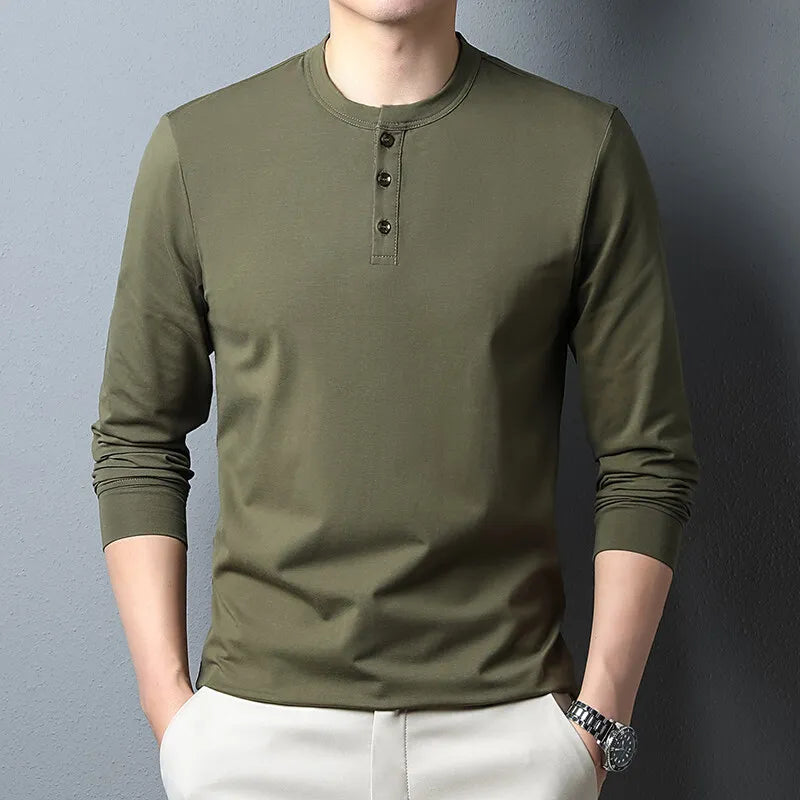 Men's Cotton Henry Collar T-Shirt - Smart Casual Slim Fit Breathable Tee