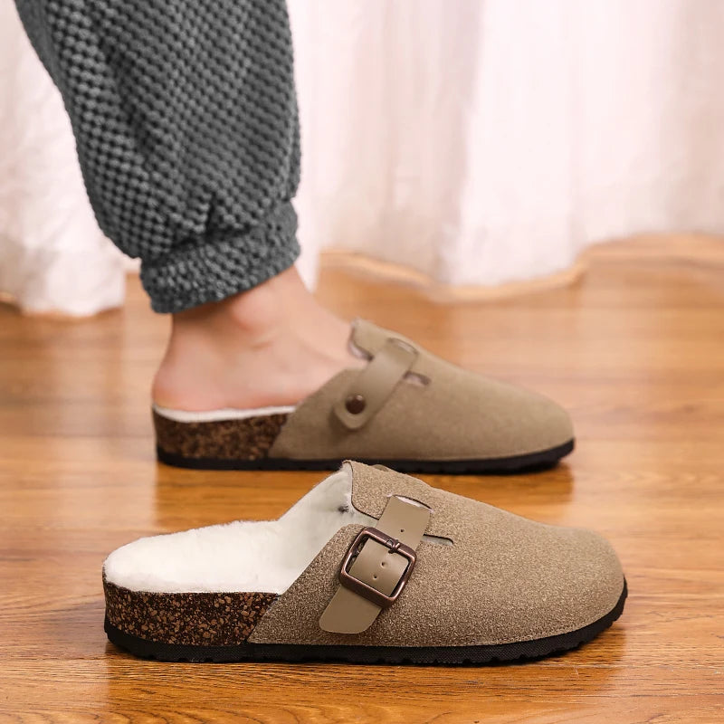 Winter Plush Slippers - Men's Warm Closed Toe Buckle Design Clogs