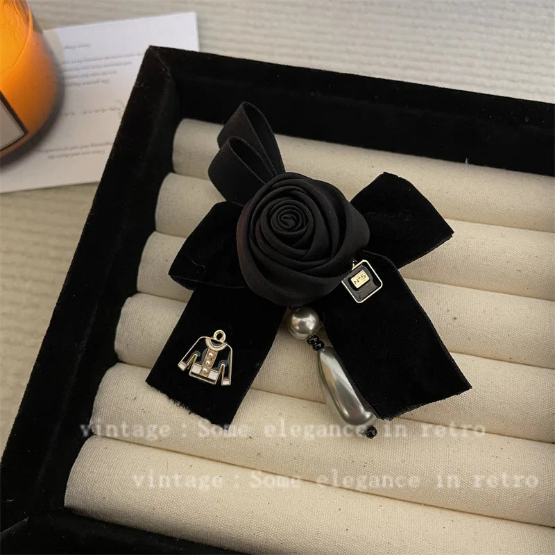 Retro Fabric Camellia Flower Brooch - Bow Crystal Pearl Tassel Lapel Pin