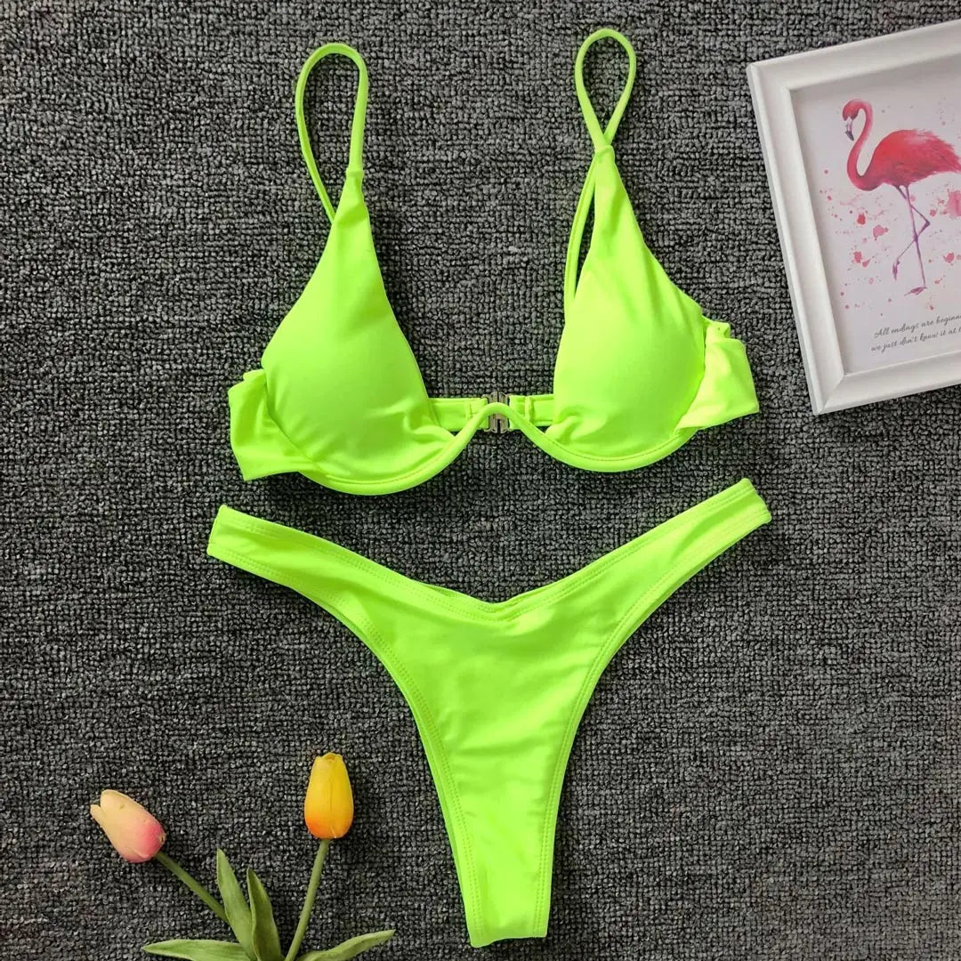 Women's V-Bar Underwired Bikini Set | V-Shape Wire Padded Two-Piece Swimwear