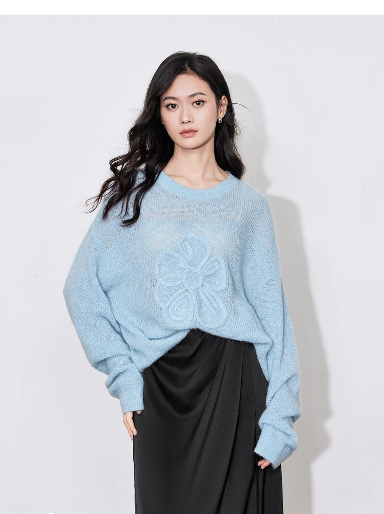 Women Knitted Flower Pattern Horse Hairy Long Sleeve Lazy Style Pullover Sweater