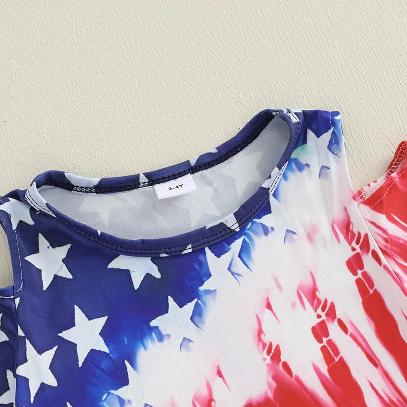 1-8Y  Kids Girls USA Flag Star Tie-Dye Print Short Sleeve Casual Summer Dress