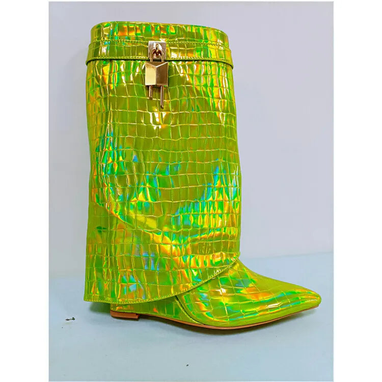 Women's Wedge Leather Mid-Calf Boots - 10cm Heel Metal Buckle Boots