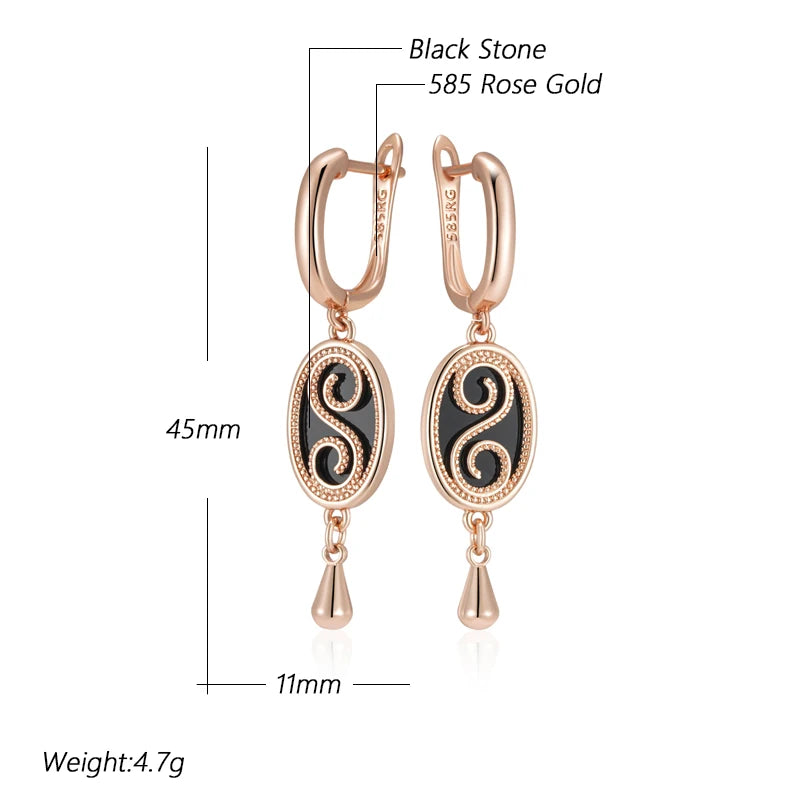 Women's 585 Rose Gold Colour  Vintage Black Stone Dangle Earrings