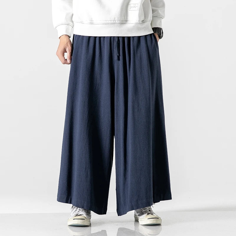 Men's Loose Wide Leg Cotton Linen Trousers with Elastic Waist