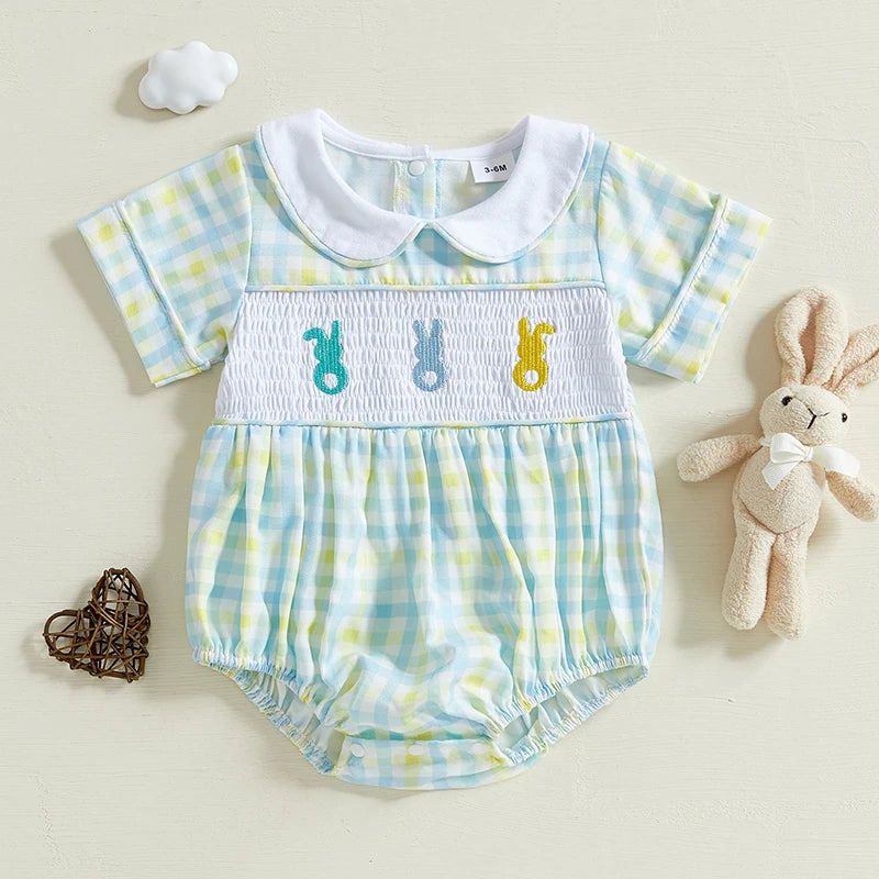 Baby Easter Romper with Bunny Embroidery - Smocked Doll Collar Bodysuit (Unisex)
