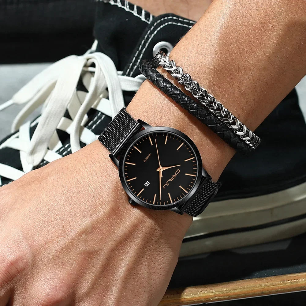 Ultra Slim Stainless Steel Watch - 40mm Mesh Strap Men's Automatic Wristwatch