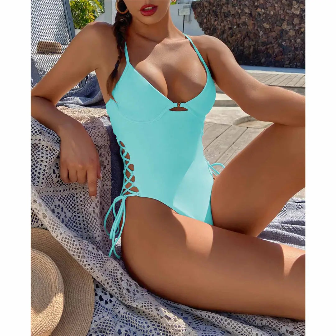 Women's Lace Up Underwired One Piece Swimwear Backless Swimsuit