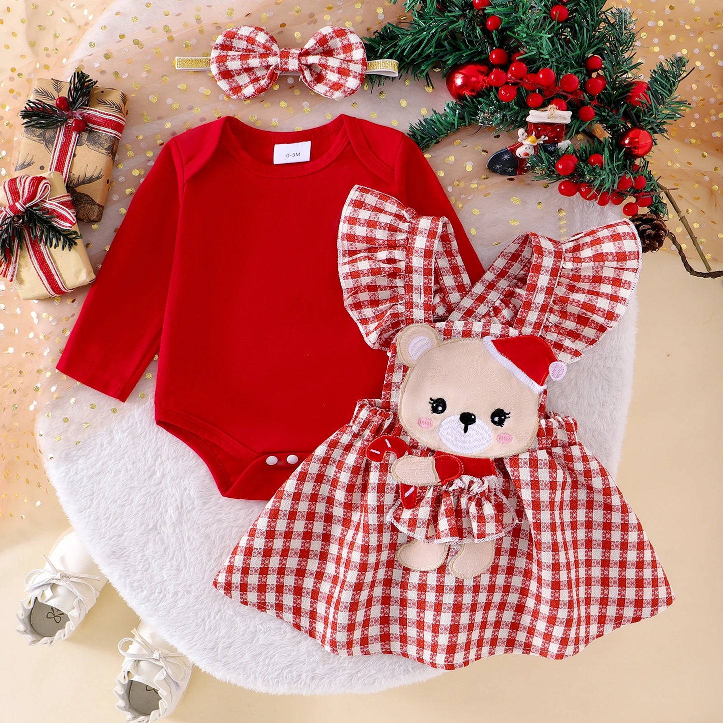 0-18M  Baby Girls Christmas Clothes Sets - Romper Cartoon Doll Embroidery Suspender Skirt Headband