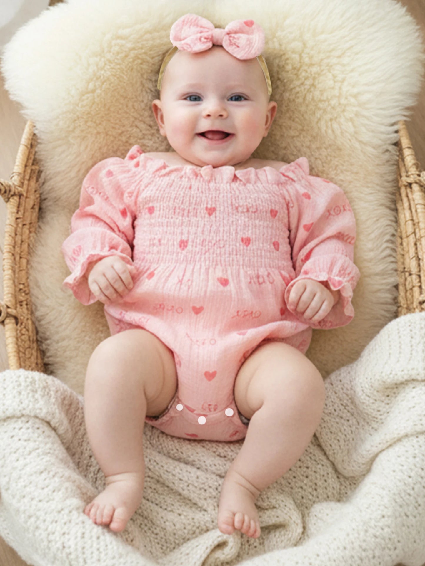 Baby Girls Valentine's Day Romper - Heart Print Smocked Jumpsuit with Headband 0-18M