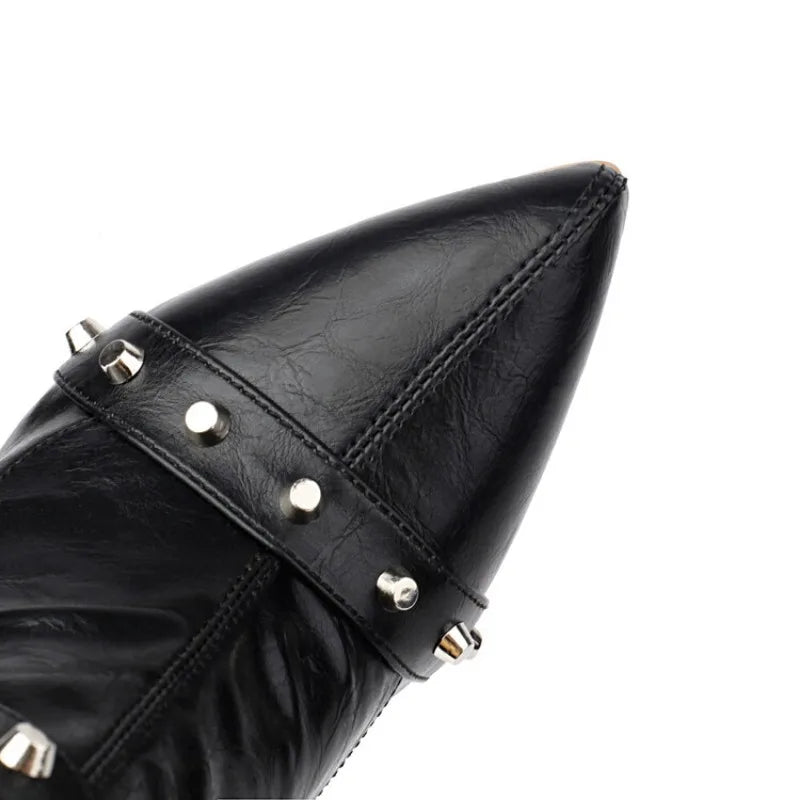 Women's Rivet Belt Buckle 10cm High Heel Short Pointed Side Zipper Leather Ankle Boots