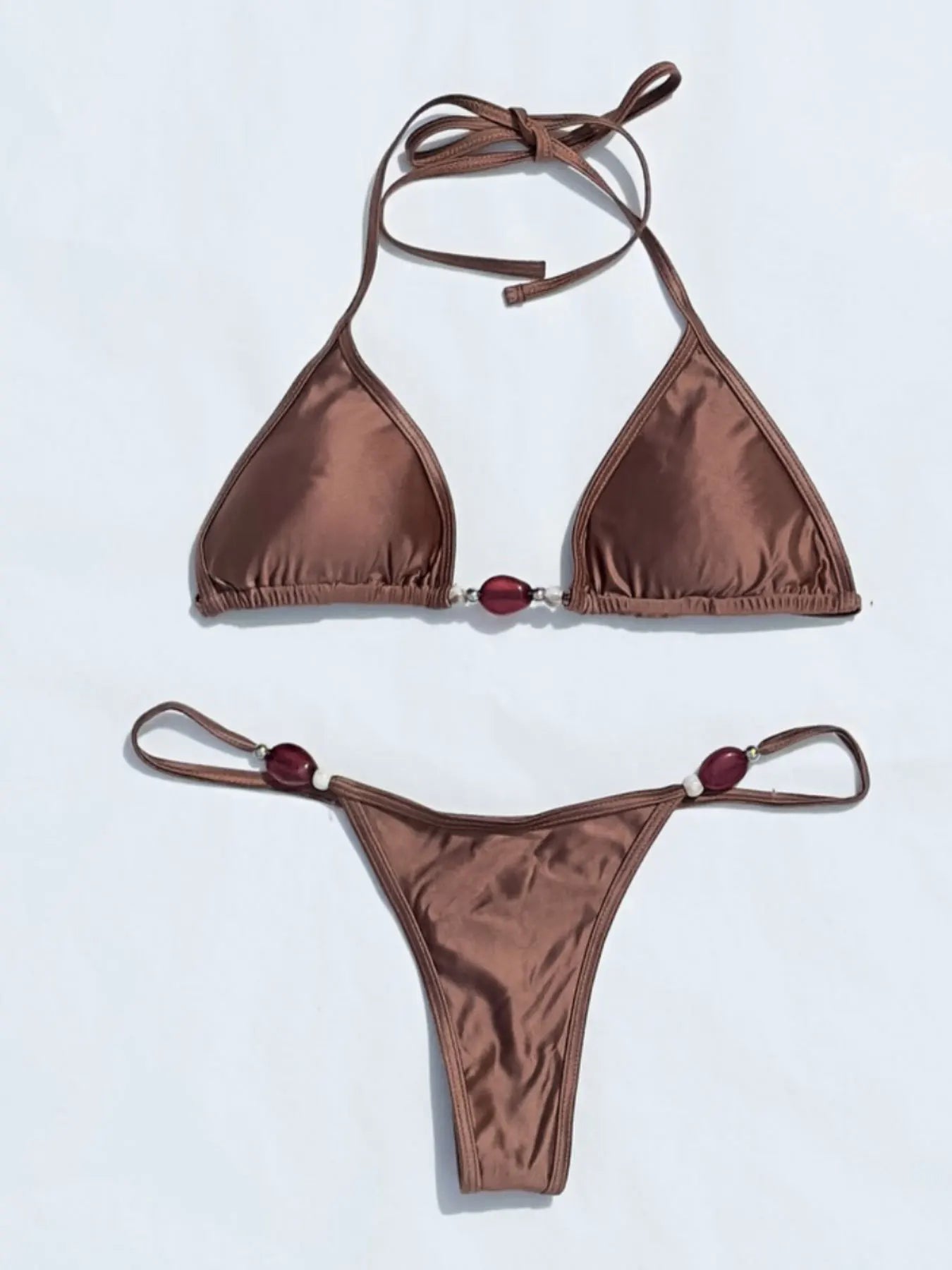 Women's Deep V-Cut Halter Bikini - Beaded Thin Strap Swimwear