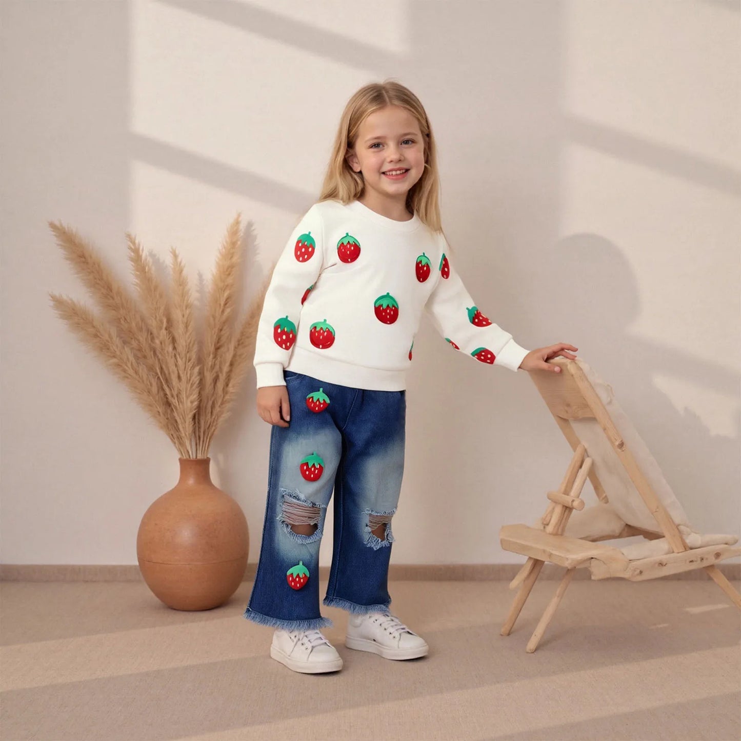Kids Girls Fall Winter Clothes Set - 3D Strawberry Long Sleeve Pullover Top & Ripped Denim Flare Pants