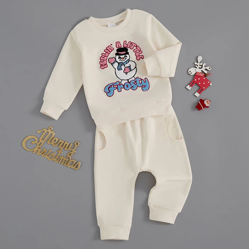 0-24M Baby Boys Girls Christmas Clothes Set Long Sleeve Santa Hat/Snowman Embroidery Sweatshirt Drawstring Pant