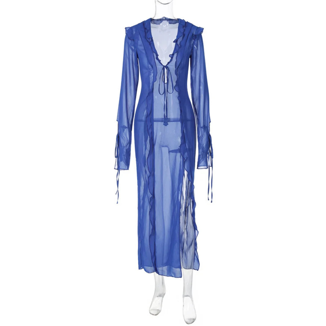 Women's Deep V-Neck High Split Ruffle Beach Cover-Up Maxi Dress