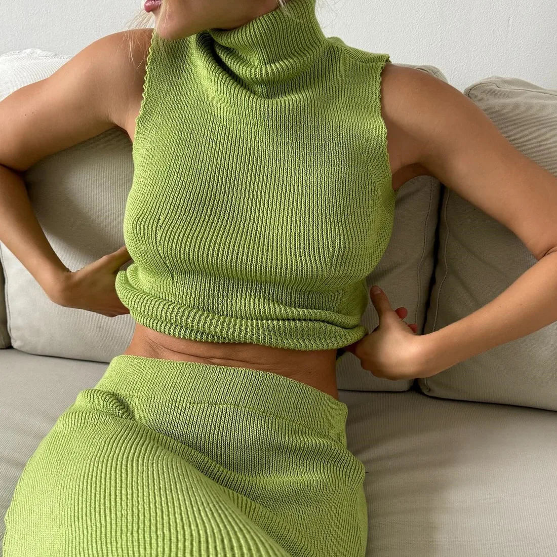 Women's Elegant Sweater Two Pieces Set Sleeveless Knitted Turtleneck Vest High Waist Skirt Set