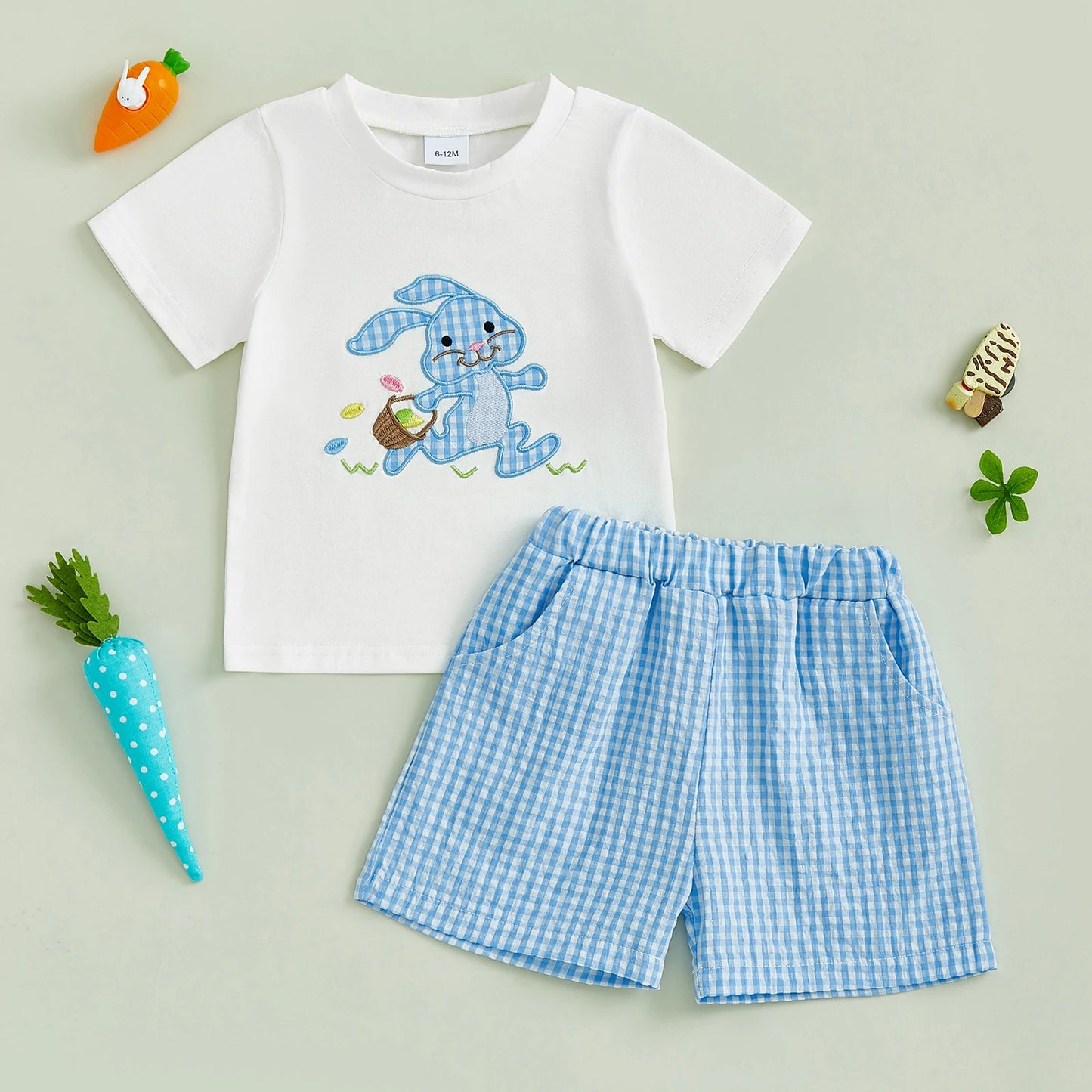 0-4Y Toddler Kids Boys Easter Clothes Set 2pcs Rabbit Embroidery Short Sleeve  Plaid T-Shirt with Elastic Waist Shorts