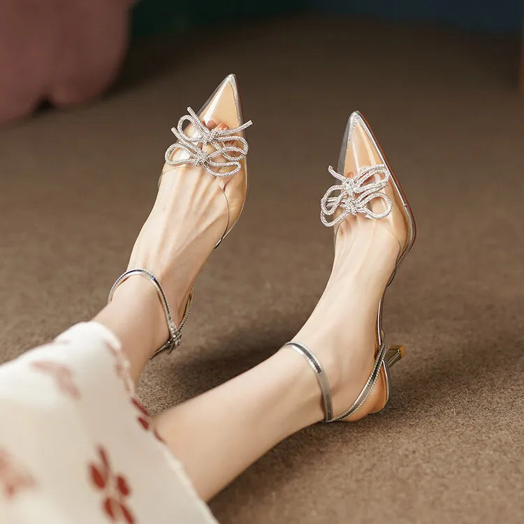 Women's Pointed Toe Rhinestone Wedding Sandals - Bowknot Pendant Pumps