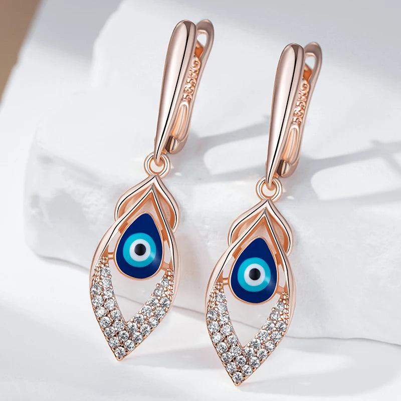 Rose Gold Blue Enamel Drop Earrings - Natural Zircon Wedding Party Jewelry