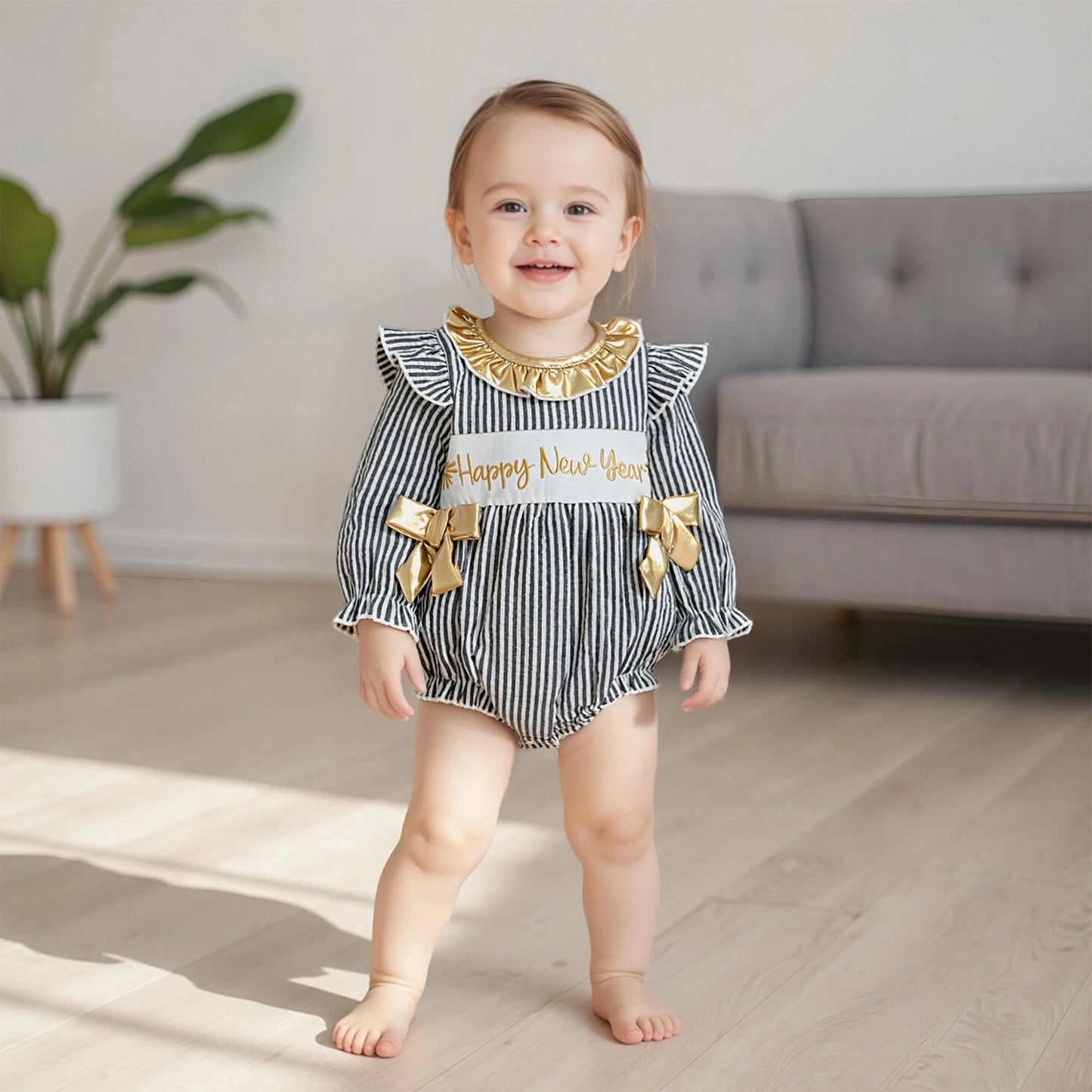 Baby Girls New Year Romper - Stripe Print Letter Embroidery Ruffled Jumpsuit