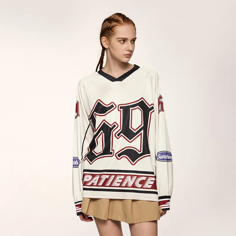 Unisex Retro Oversized Sports Letter Printed Long-sleeved T-shirt