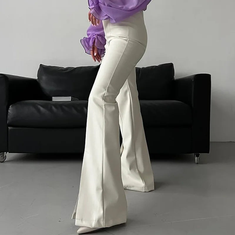 Women's Chic Fashion PU Leather High Rise Flare Pants - Split Trousers