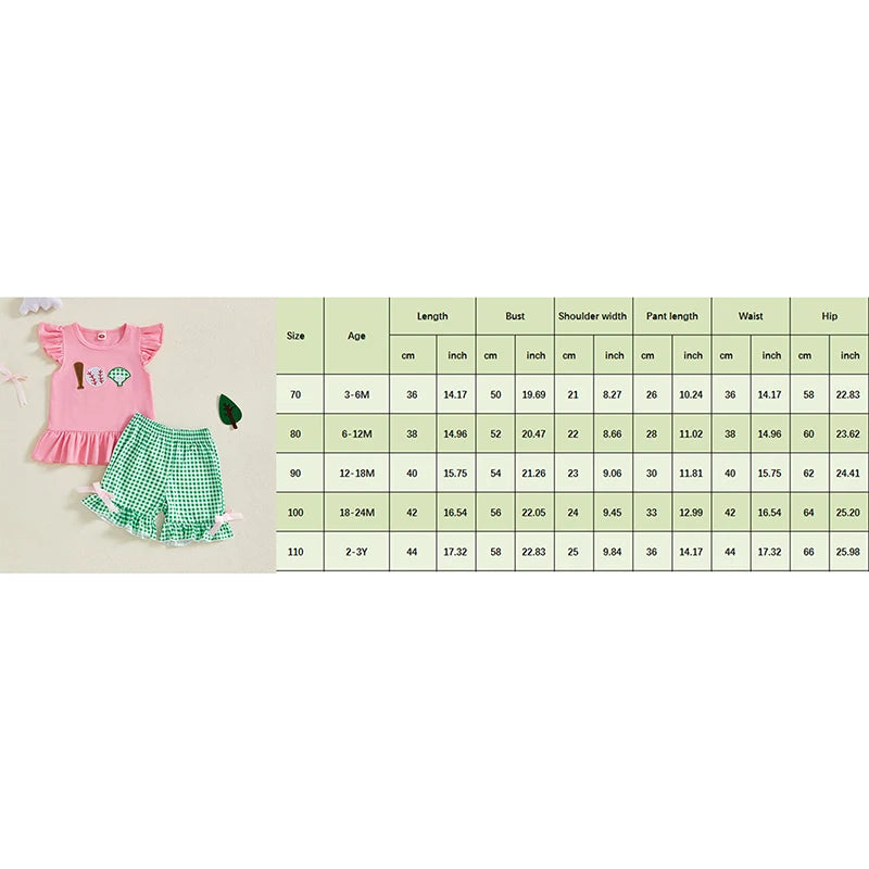Baby Girls Summer Clothes Set - Baseball Embroidery Ruffle T-Shirt & Shorts