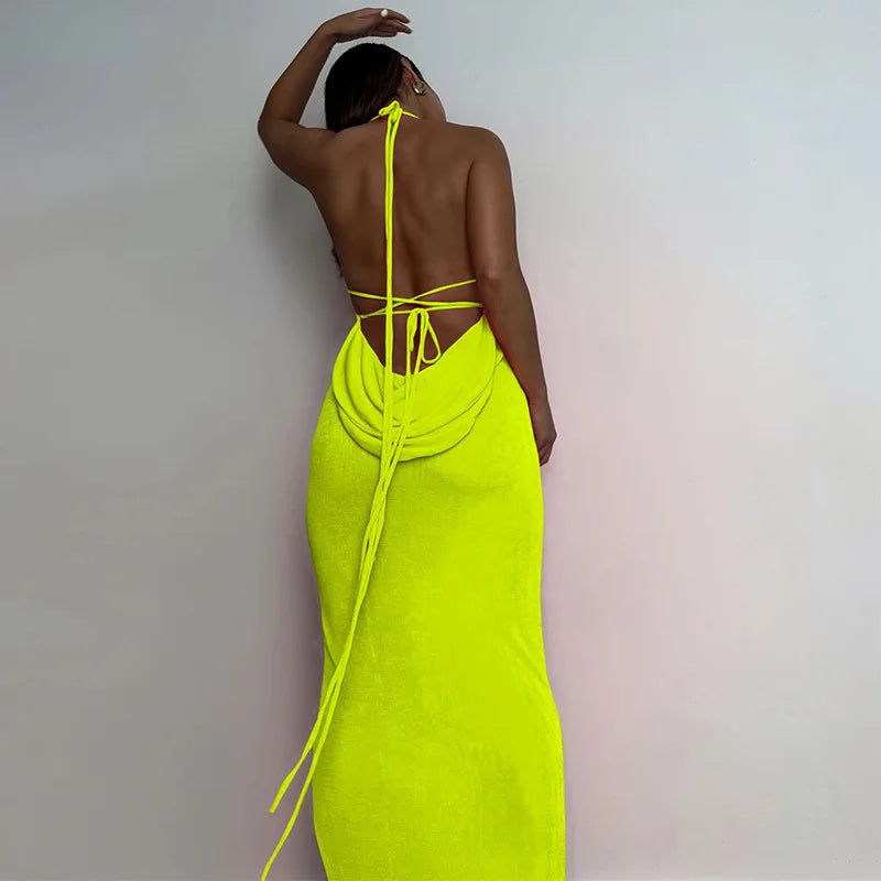 Women's Halter Backless Draped Maxi Dress - Long Straps Shift Dress