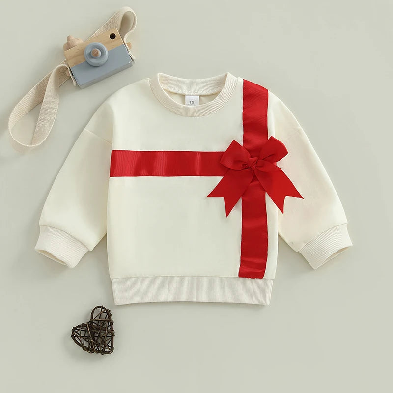 0-3Y Valentines Days Baby Girls Spring Sweatshirt T Shirts 3D Bow Present Box Patchwork Long Sleeve Pullover Loose Top